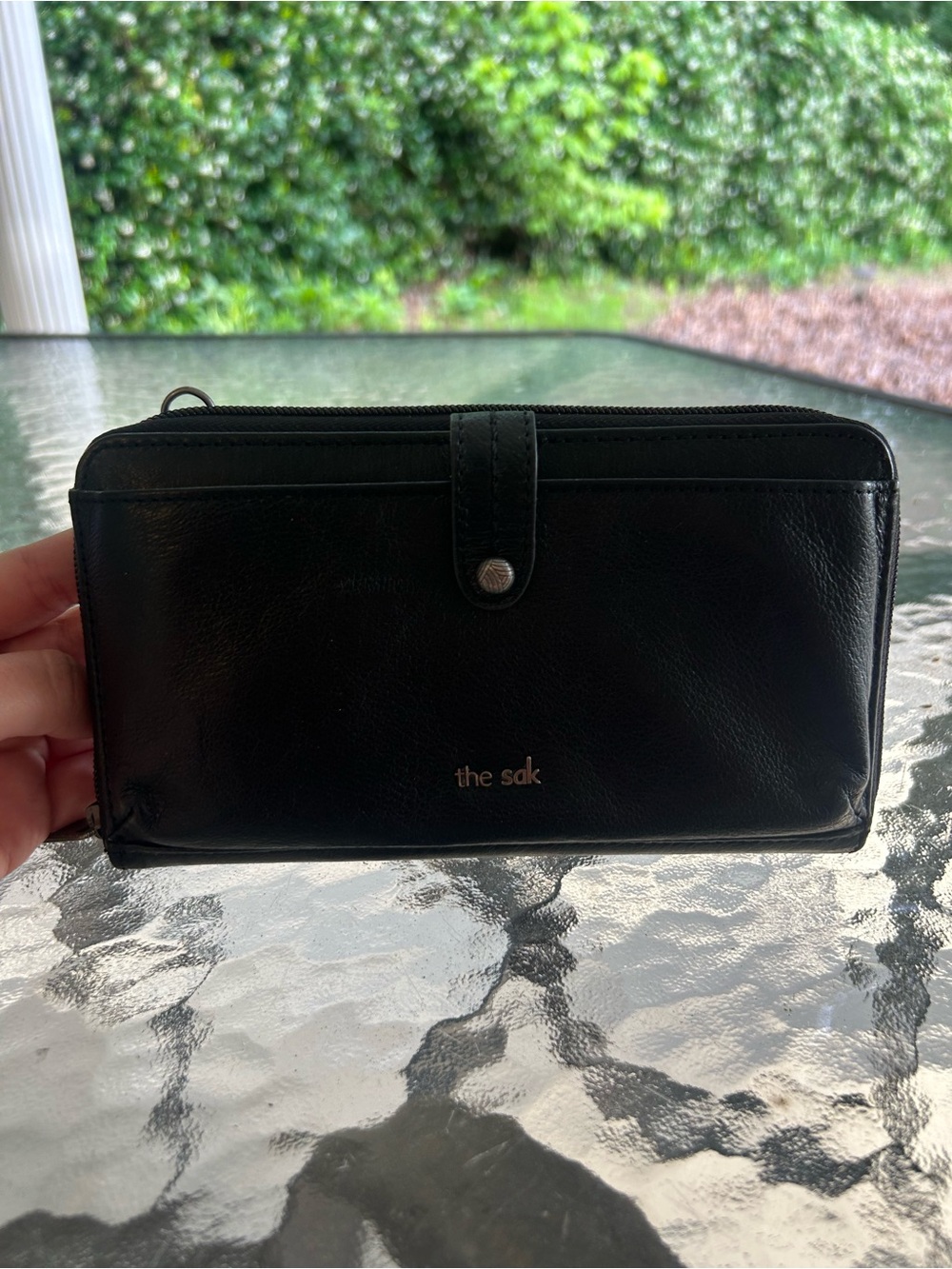 The Sak Black Leather Zip Around Wallet Crossbody Wristlet